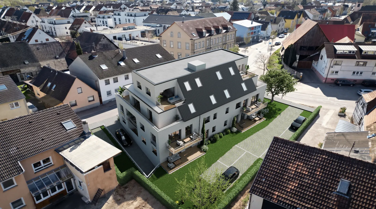 Drohnenansicht Neubau Sofienstraße 1 in Graben-Neudorf
