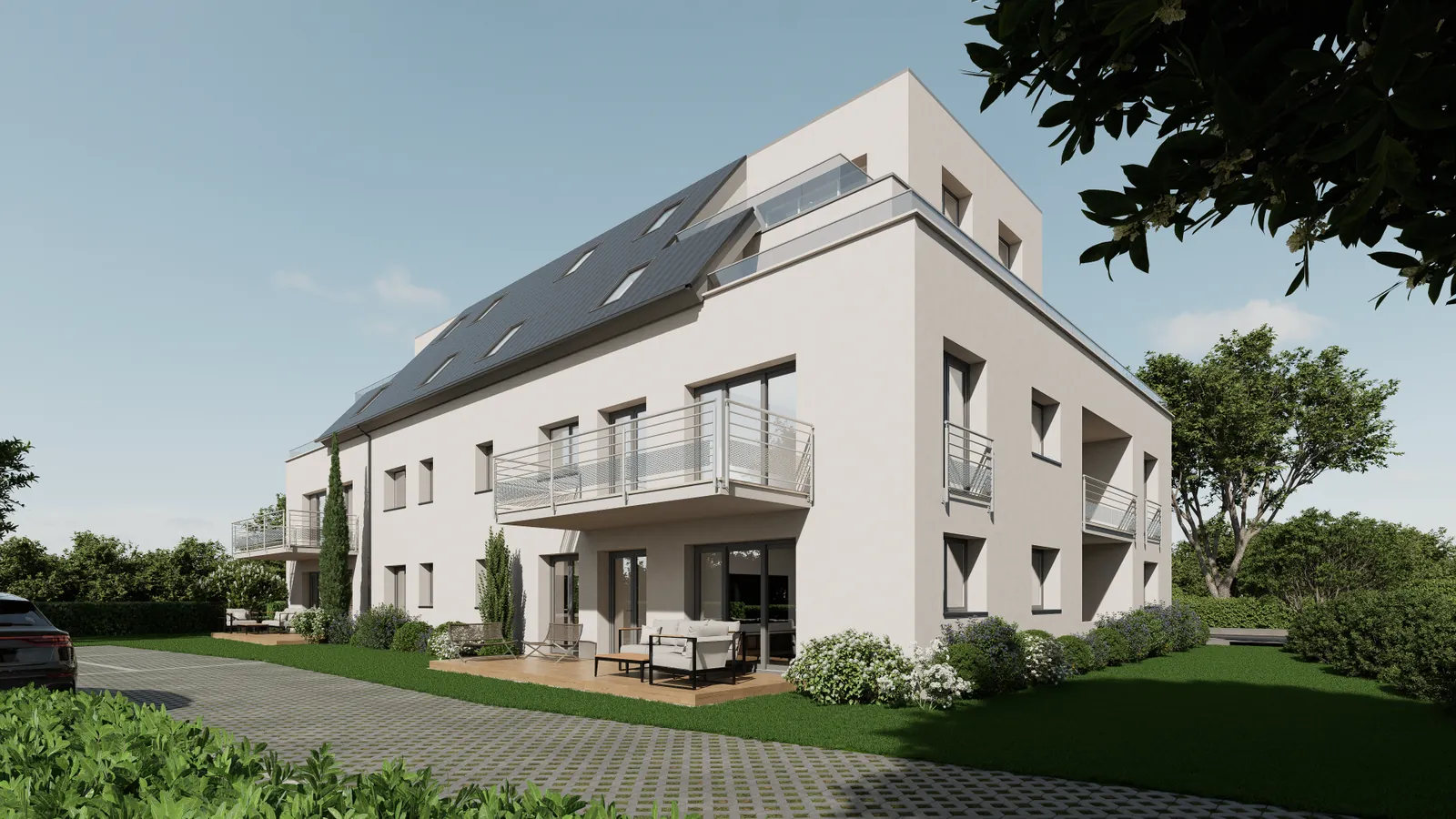 Außenansicht Neubau Mehrfamilienhaus mit Garten