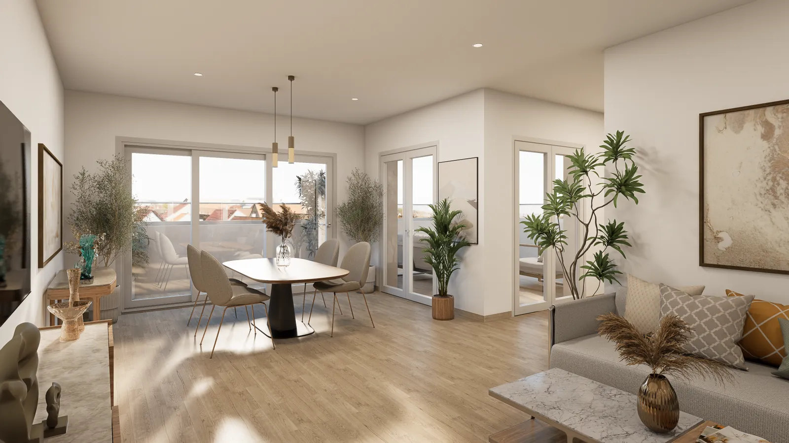 Wohn- und Essbereich mit Zugang zur Dachterrasse